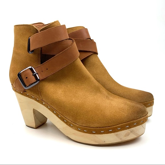 Free People Sz 40 (10) Bungalow Clog Ankle Boot Tan Suede Leather 70s Wood Heel - Picture 2 of 13